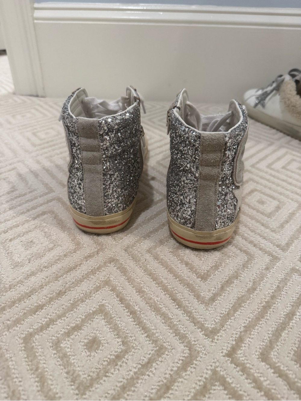 Golden Goose Silver & Cream High-Top Sneakers with Glitter Heel - Picture 4 of 7